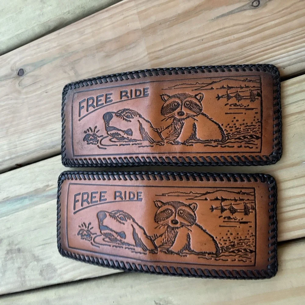 Vintage Hand Tooled Leather Wallet Bi Fold Handmade Whipstitch Raccoon Free Ride